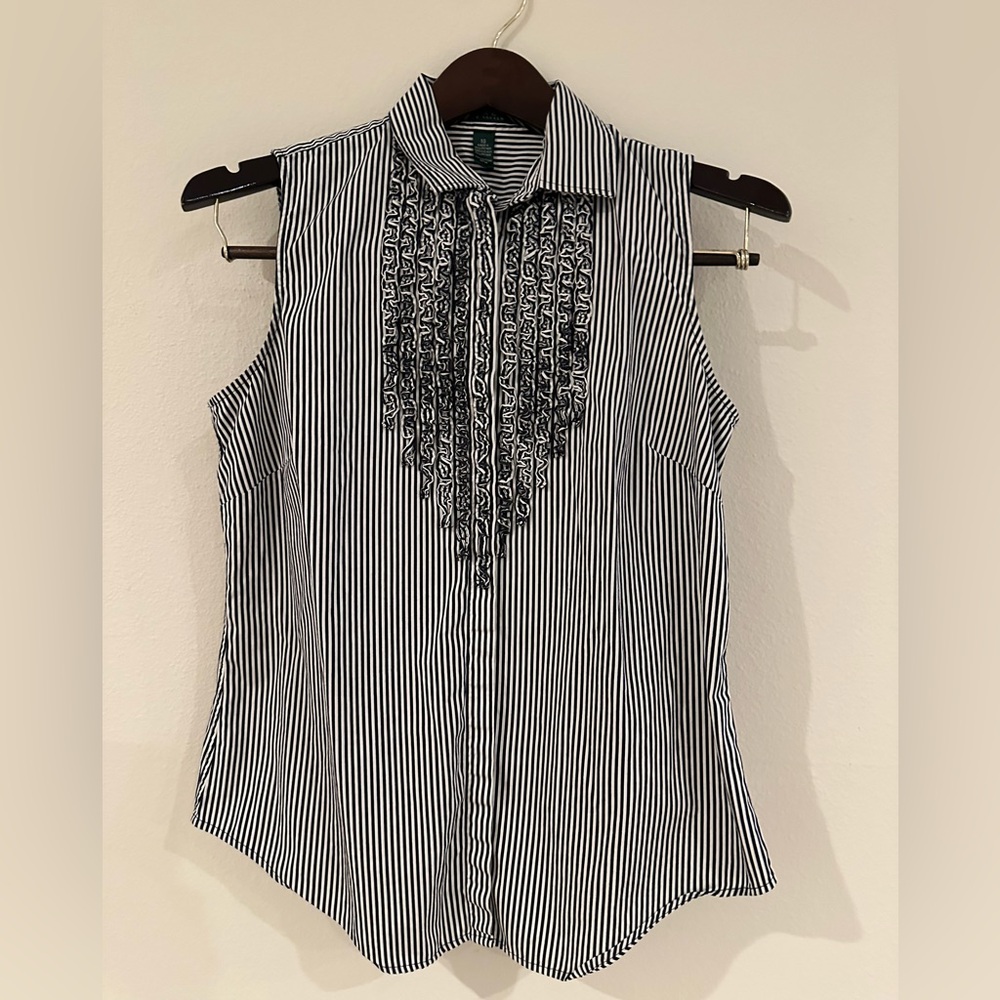 Ralph Lauren Black and White Striped Sleeveless Blouse with Front Embroidery